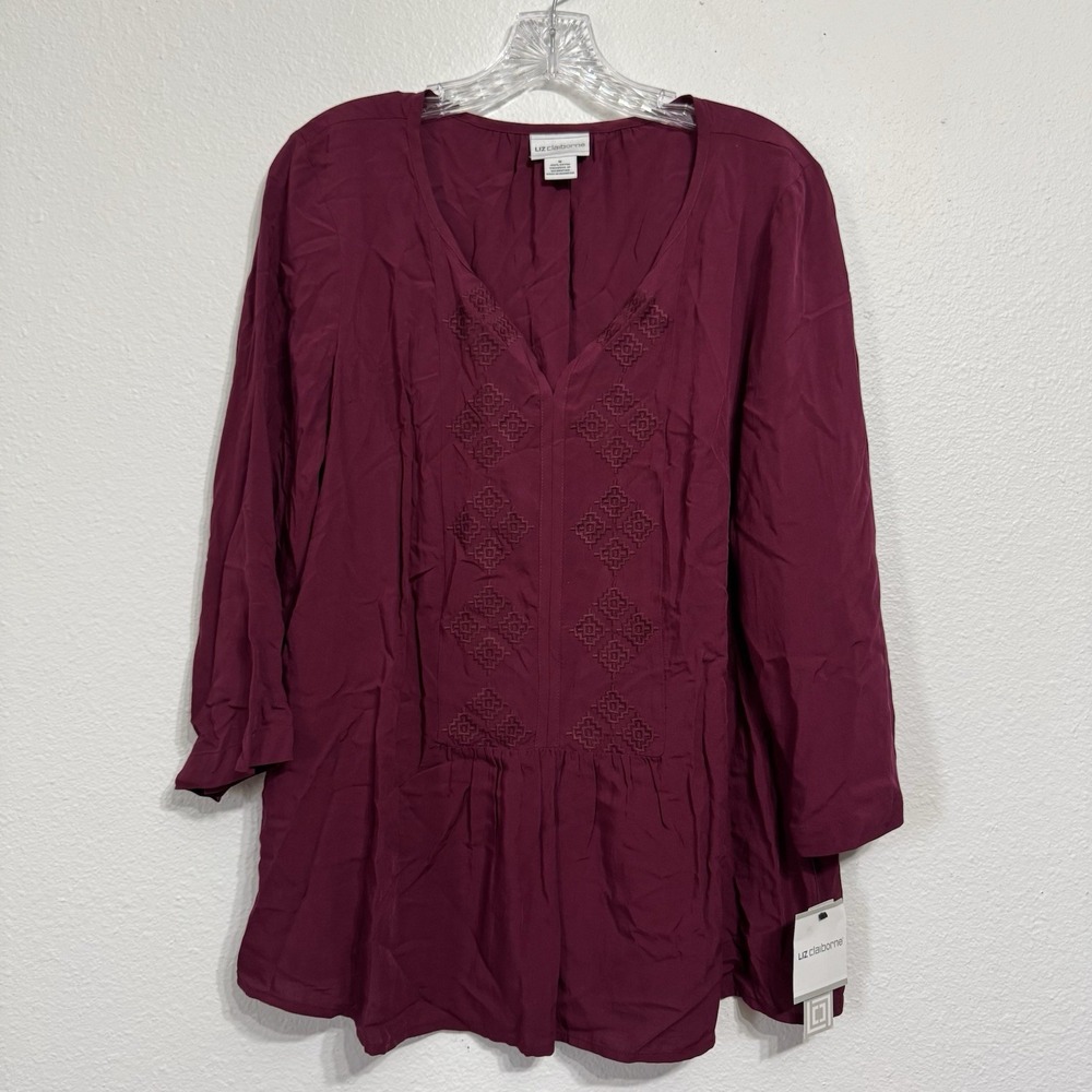 NWT Liz Claiborne Deep Ruby Burgundy 3/4‎ Sleeve Blouse Womens Size M